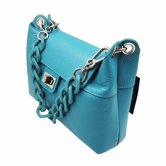 Turquoise Leather Handbag with chain and leather strap - Picture 3 of 6